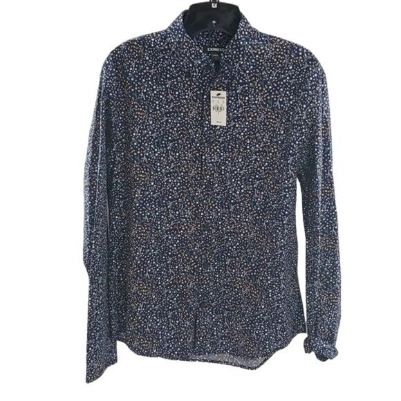 Express Button Down Shirr Blue Floral Print Stretch Cotton Mens Size Small - Picture 1 of 6